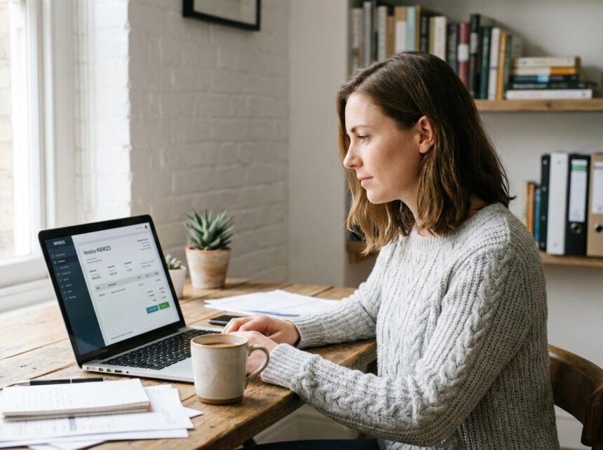 Auto-entrepreneuse en pull gris travaillant sur sa facture électronique depuis son bureau à domicile