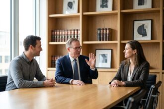 Avocat en costume navy lors d'une réunion professionnelle