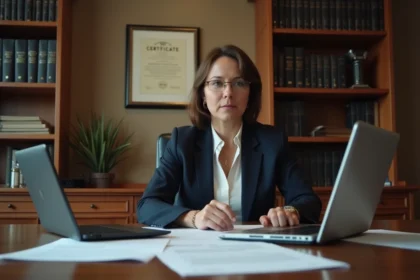 Avocate collaboratrice en cabinet examinant un contrat à son bureau entouré de documents juridiques et de codes de droit