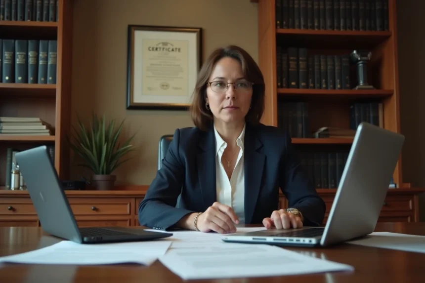 Avocate collaboratrice en cabinet examinant un contrat à son bureau entouré de documents juridiques et de codes de droit