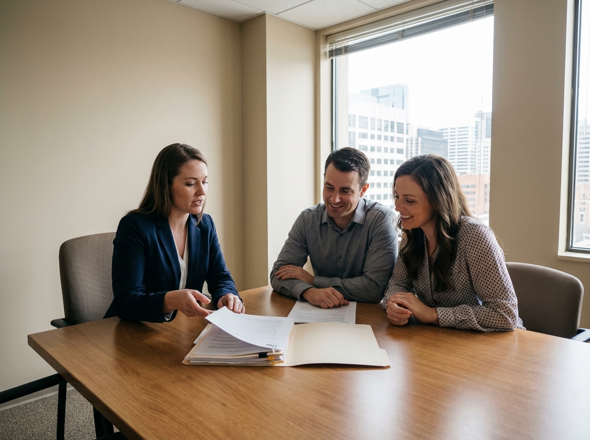 Jeune avocate examinant des documents dans une salle de médiation