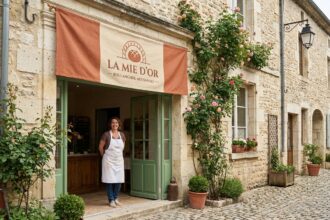 Devanture de boulangerie artisanale avec banderole publicitaire bien conçue accrochée au-dessus de l'entrée, propriétaire souriante en tablier blanc, rue pavée d'une ville française