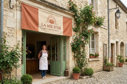 Devanture de boulangerie artisanale avec banderole publicitaire bien conçue accrochée au-dessus de l'entrée, propriétaire souriante en tablier blanc, rue pavée d'une ville française