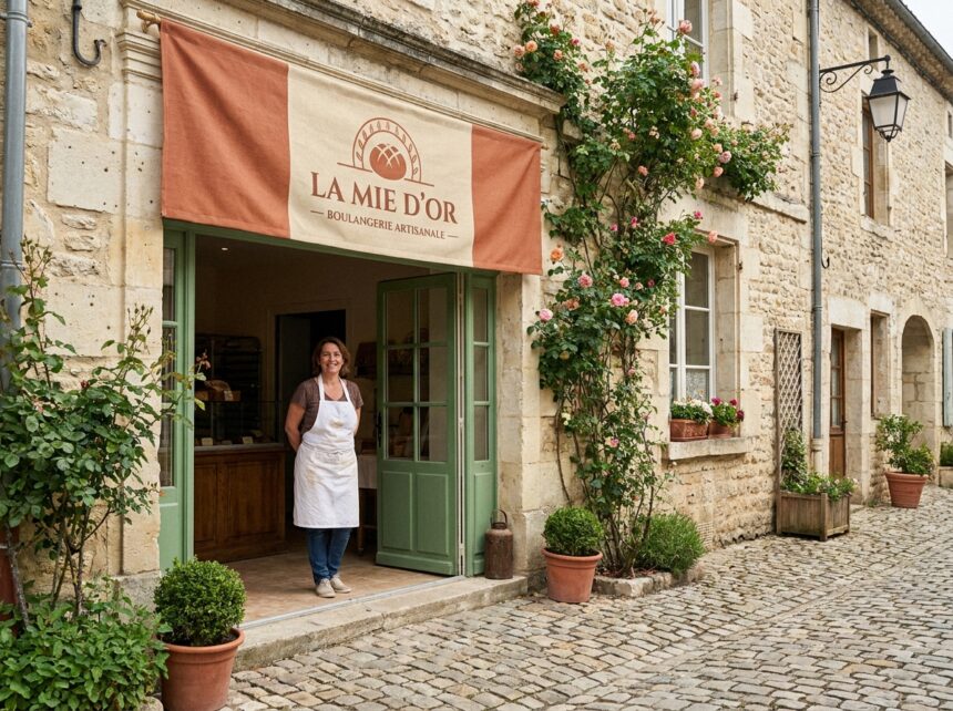 Devanture de boulangerie artisanale avec banderole publicitaire bien conçue accrochée au-dessus de l'entrée, propriétaire souriante en tablier blanc, rue pavée d'une ville française