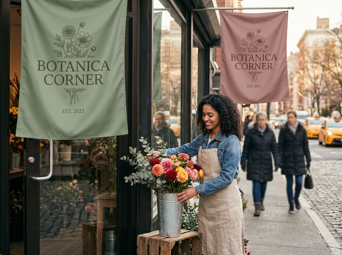 Fleuriste urbaine avec deux grandes banderoles tissu encadrant la vitrine, jeune fleuriste arrangeant des fleurs à l'entrée, exemple de communication visuelle réussie pour un commerce de proximité