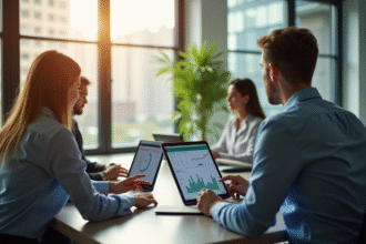 Espace de bureau moderne avec professionnels analysant des graphiques d'énergie