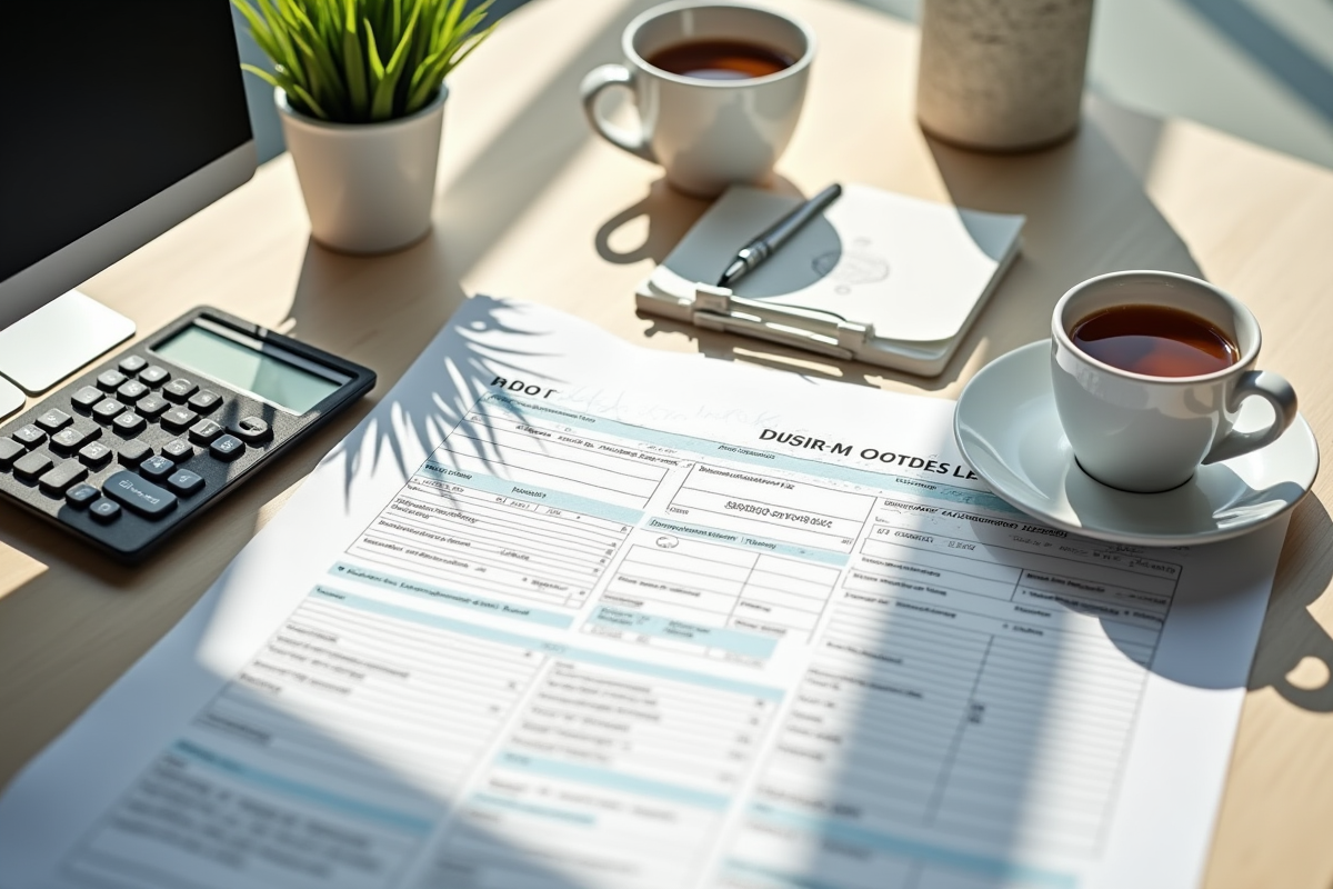 Bureau à domicile organisé avec formulaires et calculatrice