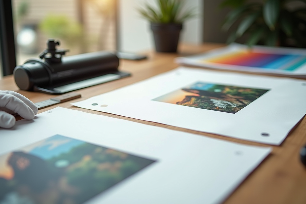 Espace de travail minimaliste avec impressions et outils d