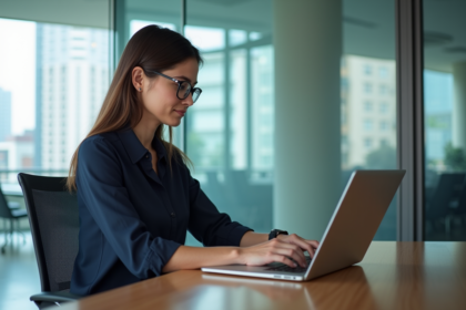 Femme d'affaires utilisant un ordinateur portable en ville