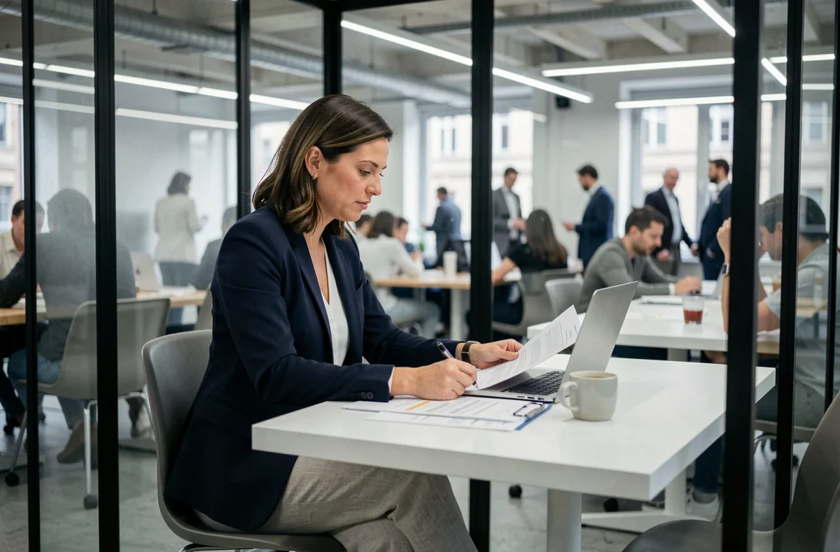 Femme professionnelle travaillant dans une cabine privée vitrée d'un coworking parisien à Montparnasse