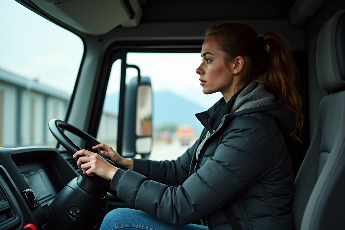 Jeune conductrice de camion dans sa cabine en Suisse