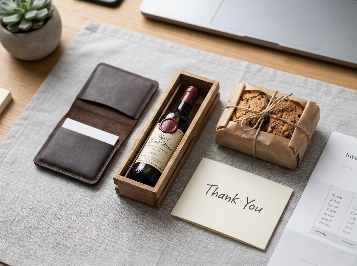 Flat-lay de cadeaux clients professionnels incluant portefeuille en cuir, vin artisanal et carte de remerciement sur fond lin gris avec document fiscal visible