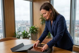 Professionnelle en blazer marine préparant un coffret cadeau client haut de gamme sur une table de réunion en bois dans un bureau moderne
