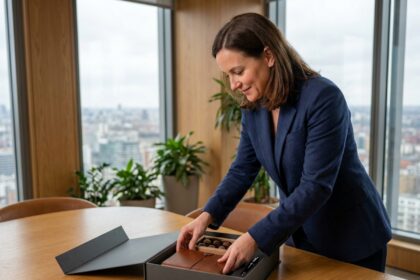 Professionnelle en blazer marine préparant un coffret cadeau client haut de gamme sur une table de réunion en bois dans un bureau moderne