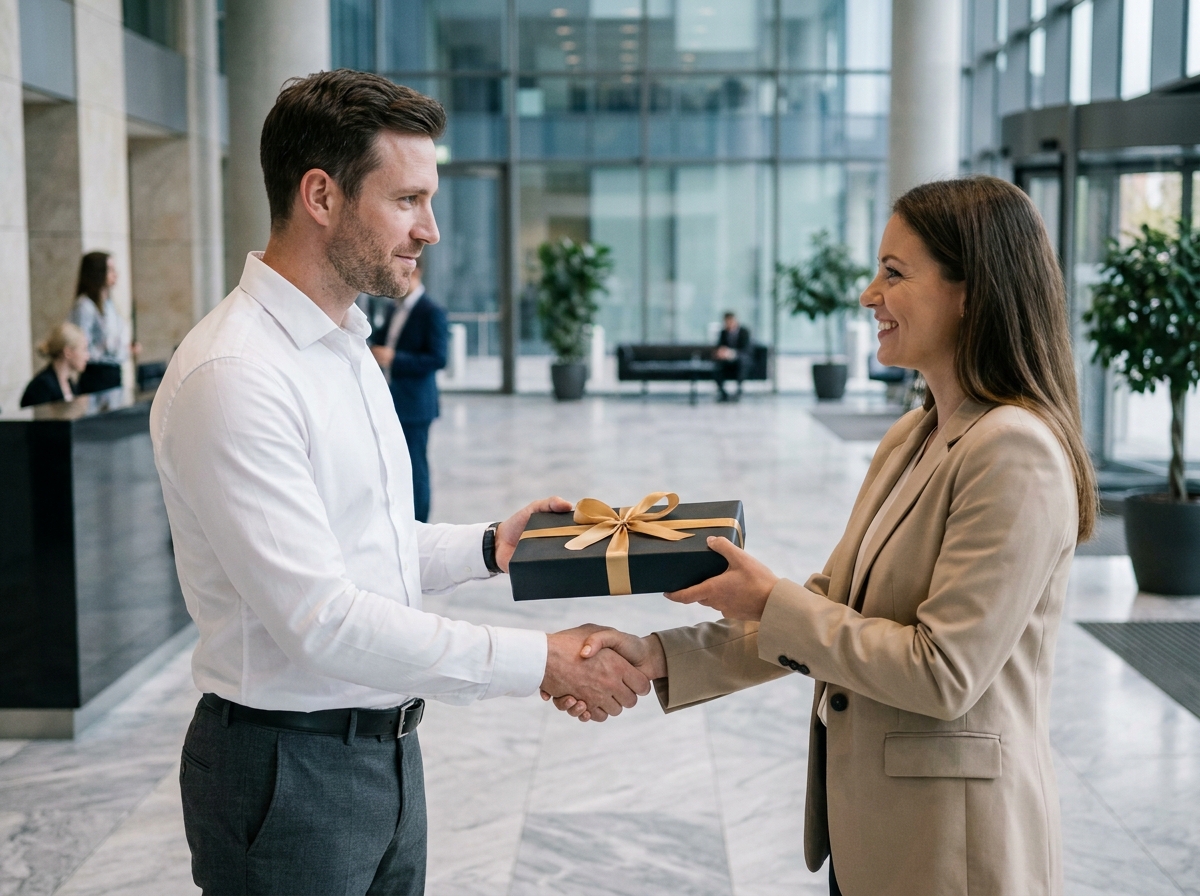 Homme d'affaires remettant un cadeau emballé avec ruban satiné à une cliente souriante dans un hall d'entreprise moderne avec sol en marbre