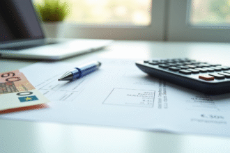 Calculatrice et fiche de paie sur un bureau moderne avec billets euros
