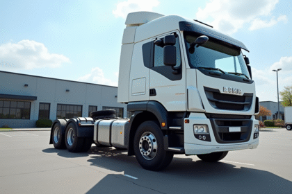 Camion utilitaire 12 tonnes stationne dans une cour d'entreprise