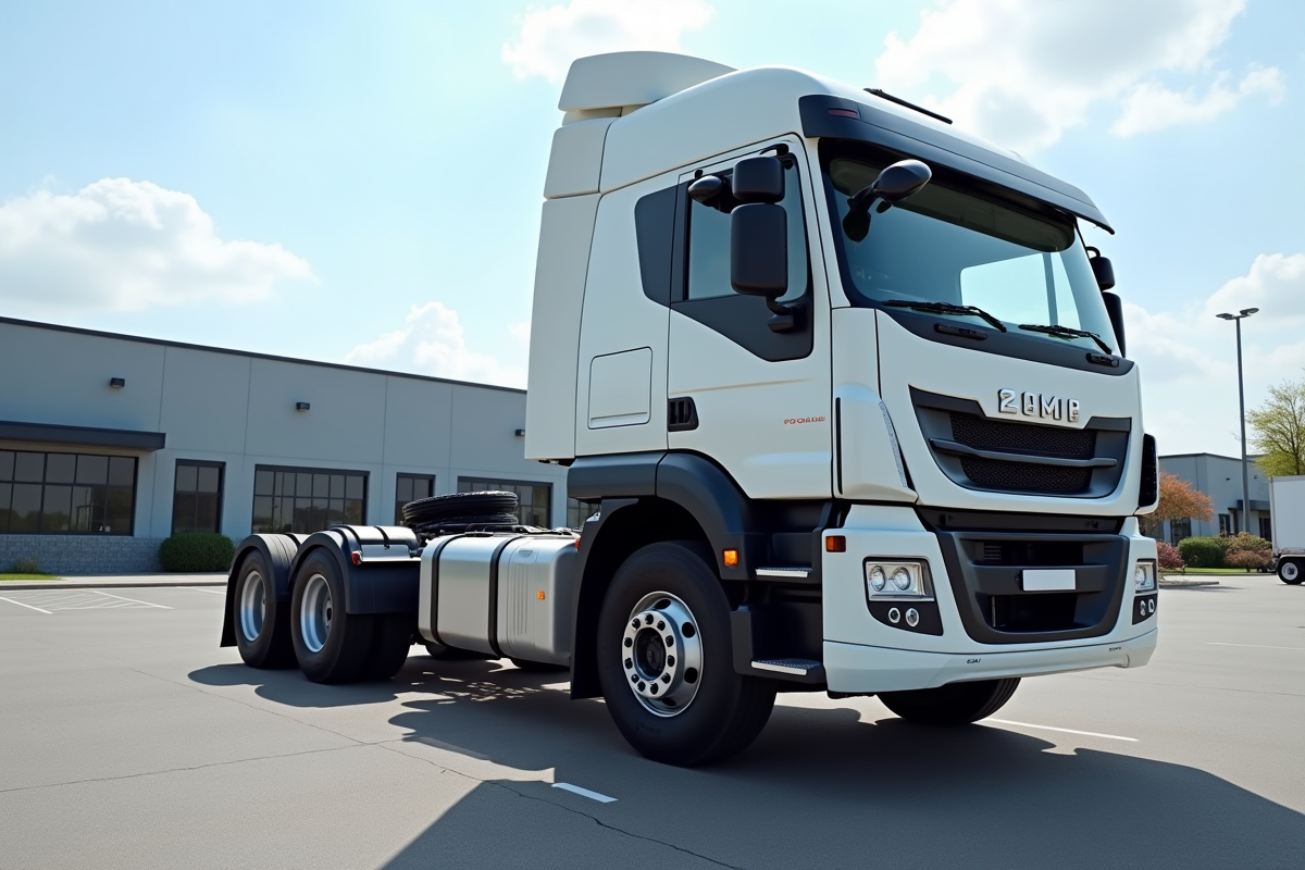 Camion utilitaire 12 tonnes stationne dans une cour d'entreprise