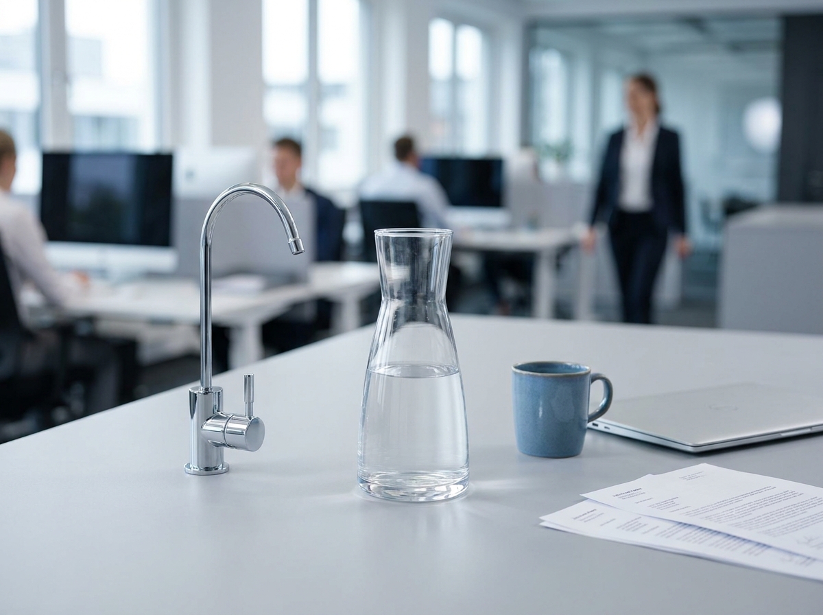 Carafe d'eau filtrée et robinet de filtration chromé posés sur un bureau dans un open-space professionnel