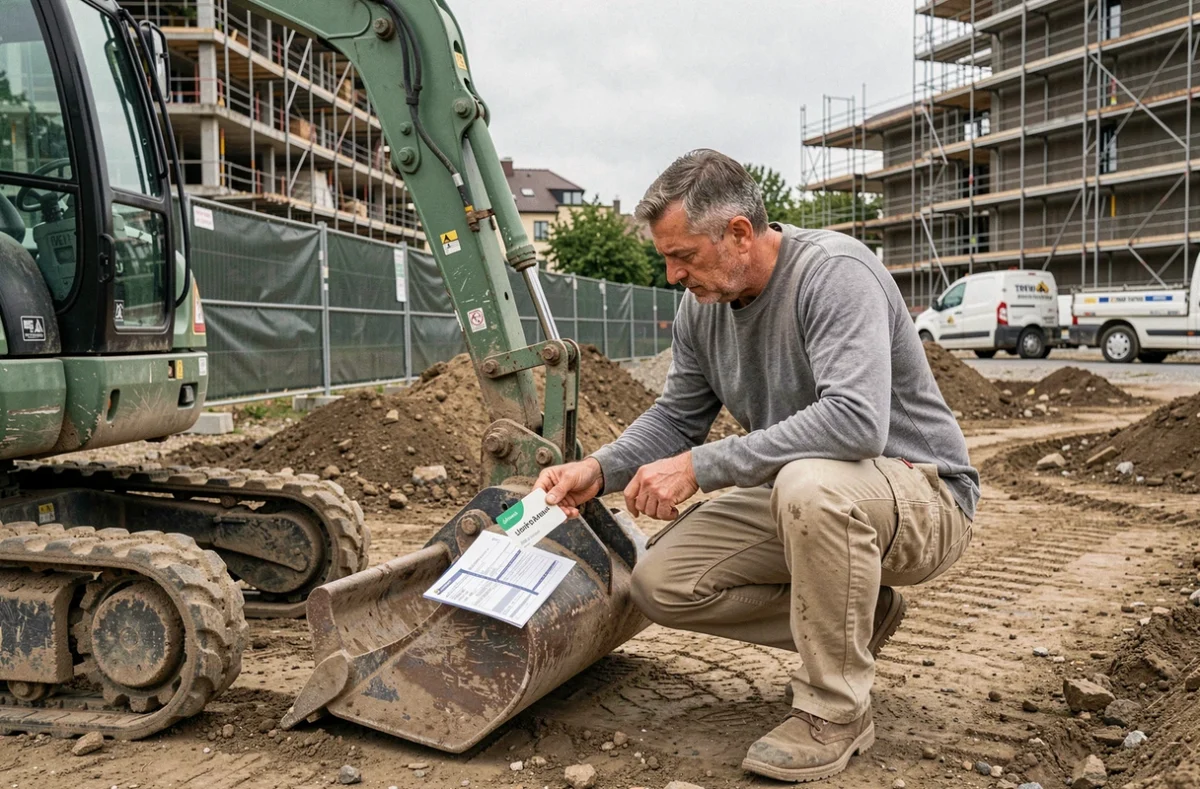 Artisan examinant sa carte Loxam et une facture de location à côté d'une mini-pelle sur un chantier urbain