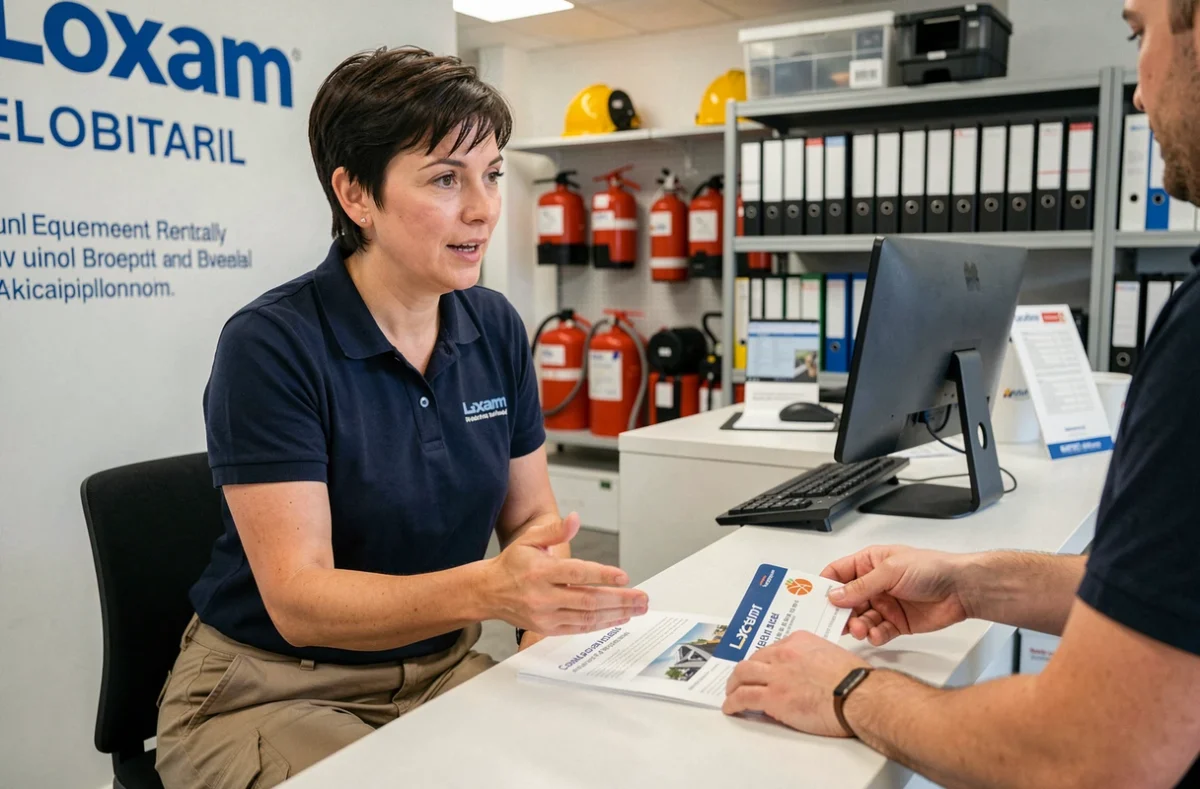 Employée d'agence de location expliquant les conditions de la carte Loxam à un client au comptoir