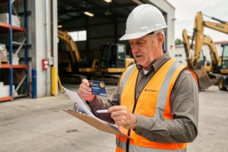 Responsable de chantier tenant une carte de fidélité Loxam devant une agence de location de matériel