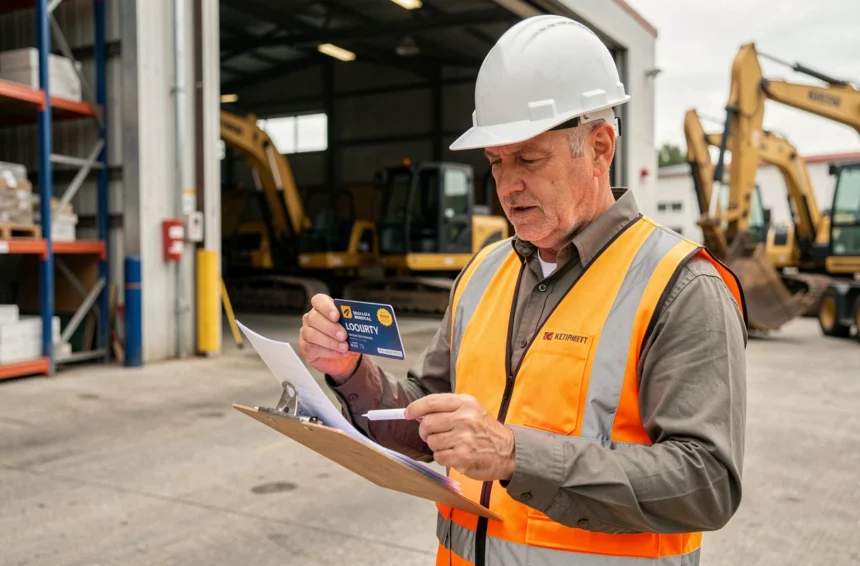 Responsable de chantier tenant une carte de fidélité Loxam devant une agence de location de matériel