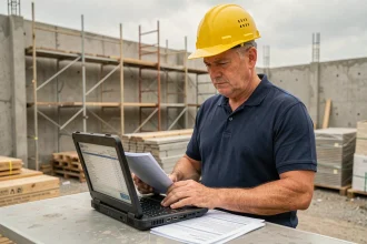 Chef de chantier analysant des marges budgétaires sur un ordinateur portable lors d'une réunion de suivi de chantier BTP