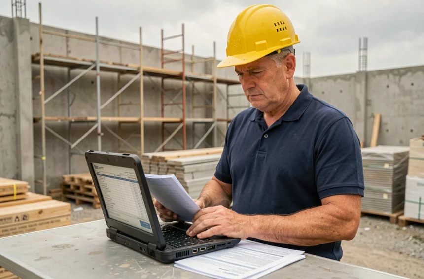 Chef de chantier analysant des marges budgétaires sur un ordinateur portable lors d'une réunion de suivi de chantier BTP