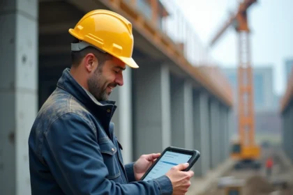 Chef de chantier consultant une application de devis et facturation sur tablette numérique sur un chantier BTP