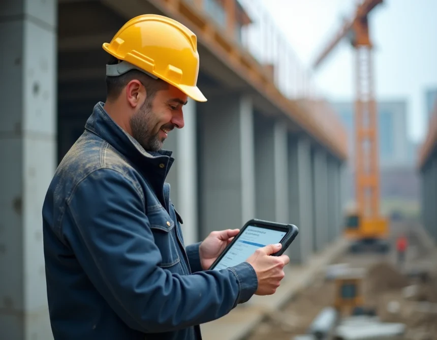 Chef de chantier consultant une application de devis et facturation sur tablette numérique sur un chantier BTP