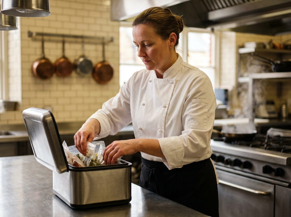 Cheffe cuisinière organisant des aliments dans un container frigorifique portable au sein d'une cuisine professionnelle