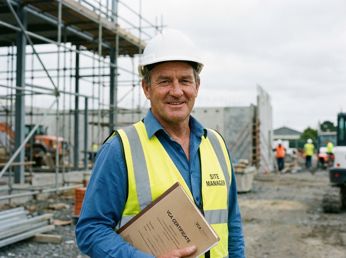 Chef de chantier souriant avec certificat VCA sur site actif