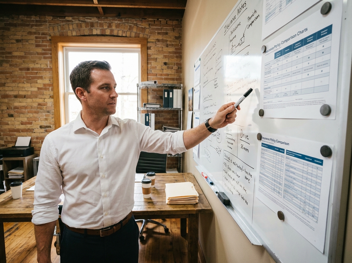 Chef d'entreprise analysant des garanties de contrats professionnels sur un tableau blanc en salle de réunion
