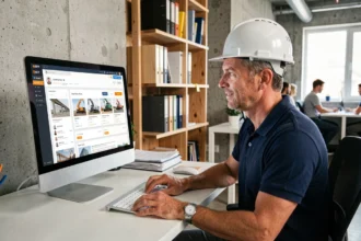 Chef de projet BTP consultant une plateforme en ligne de mise en relation avec des artisans sur un écran d'ordinateur de bureau dans un bureau moderne