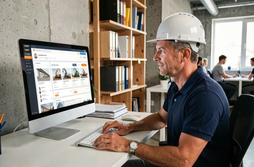 Chef de projet BTP consultant une plateforme en ligne de mise en relation avec des artisans sur un écran d'ordinateur de bureau dans un bureau moderne