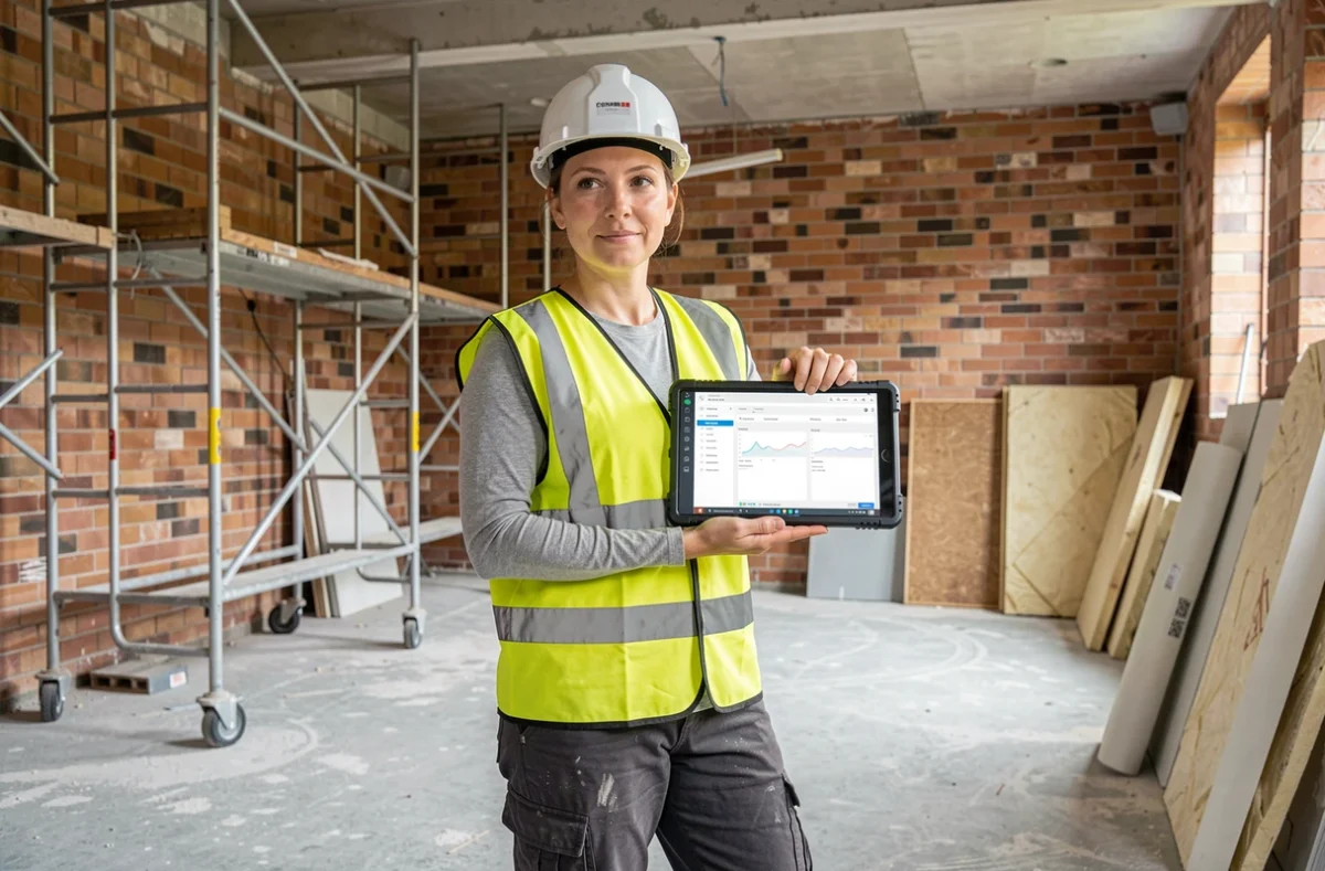 Cheffe de projet BTP utilisant une tablette numérique sur un chantier de rénovation intérieure