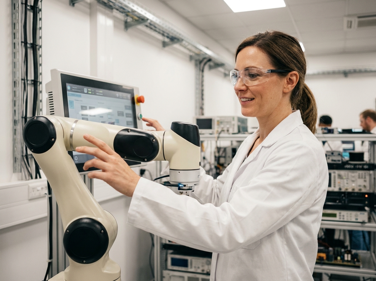 Chercheuse en laboratoire programmant un bras robotique collaboratif, symbolisant l'adoption des nouvelles technologies dans les entreprises innovantes
