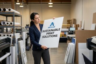 Femme tenant un panneau Akylux imprimé avec logo d'entreprise dans un atelier d'impression professionnelle