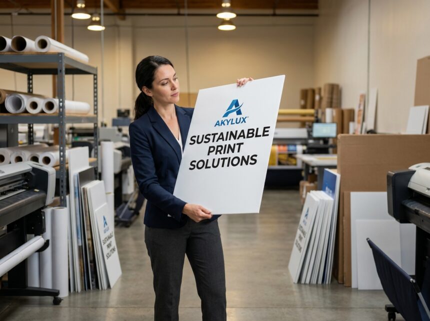 Femme tenant un panneau Akylux imprimé avec logo d'entreprise dans un atelier d'impression professionnelle