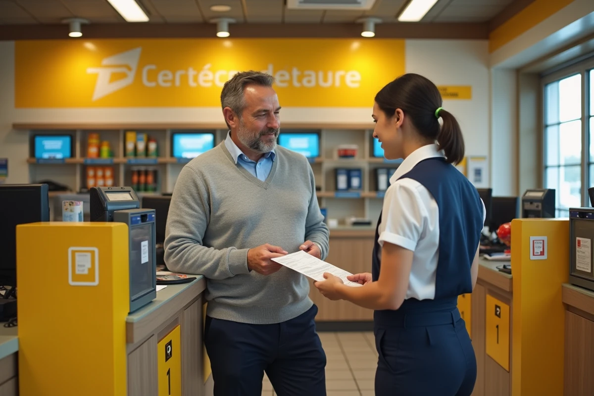 Client et employé de La Poste examinant ensemble un document au guichet d'un bureau de poste