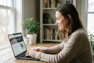 Femme consultant un avis de créateur sur son ordinateur portable avant un achat en ligne, rassurée et attentive