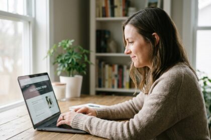 Femme consultant un avis de créateur sur son ordinateur portable avant un achat en ligne, rassurée et attentive