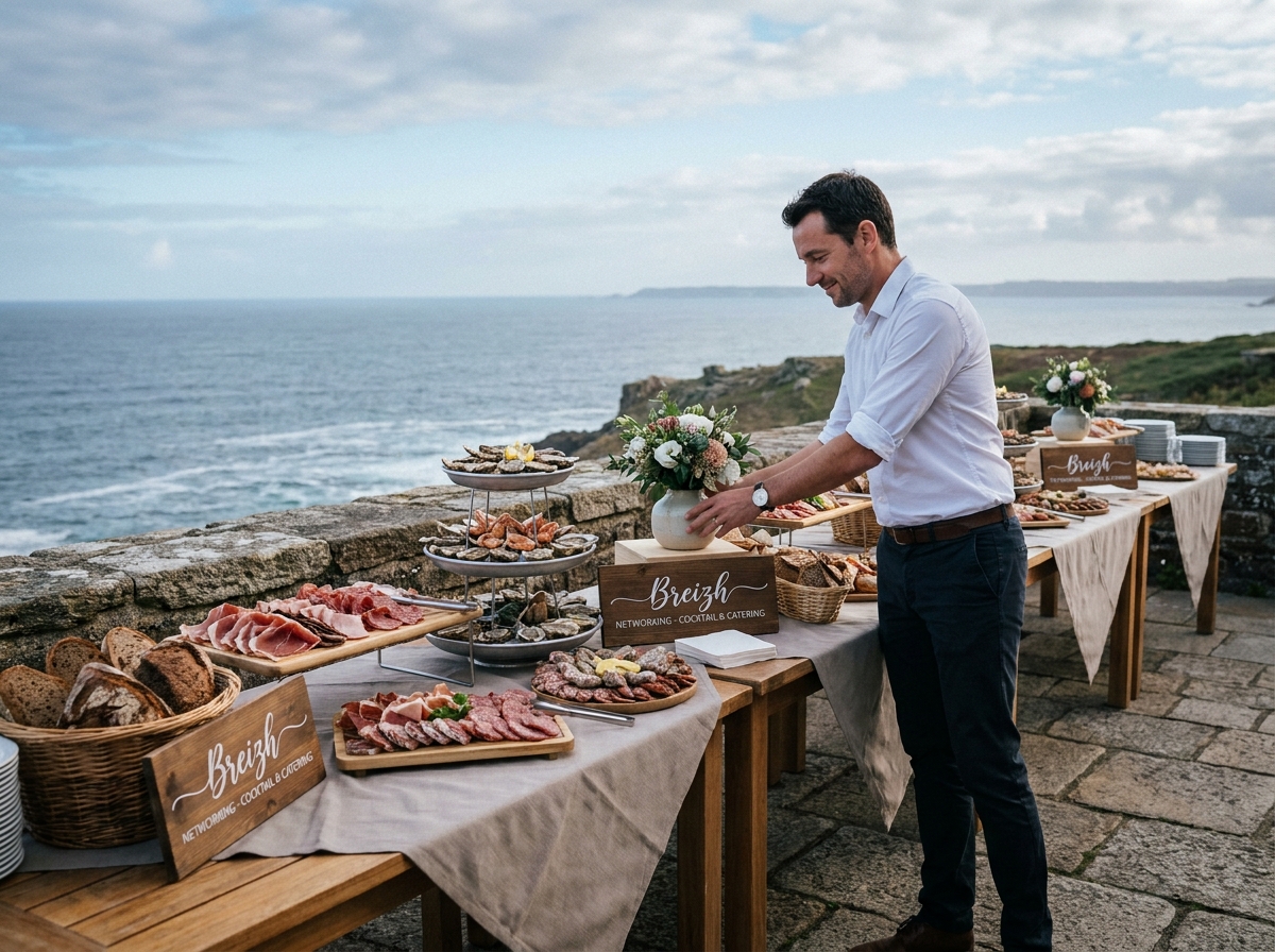 Buffet cocktail professionnel sur une terrasse en pierre avec vue sur la côte atlantique du Finistère lors d'un événement d'entreprise