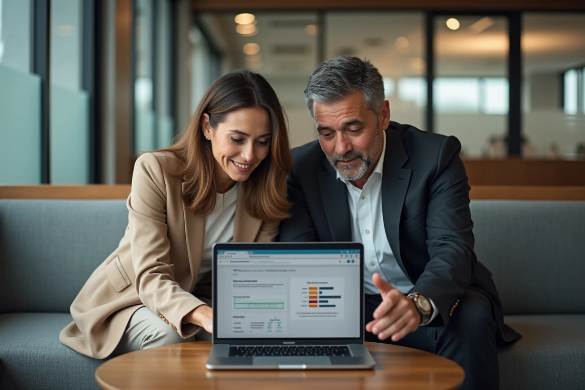 Deux professionnels B2B collaborant autour d'un tableau de bord d'analyse de verbatims clients sur ordinateur, illustrant l'exploitation stratégique des retours qualitatifs