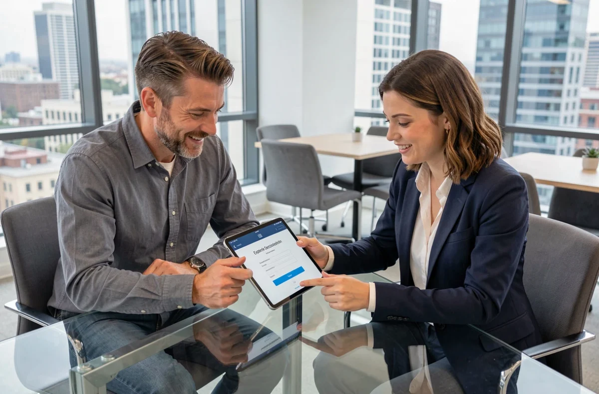 Deux collègues collaborant sur une déclaration d'expertise numérique via une tablette dans un espace de co-working moderne