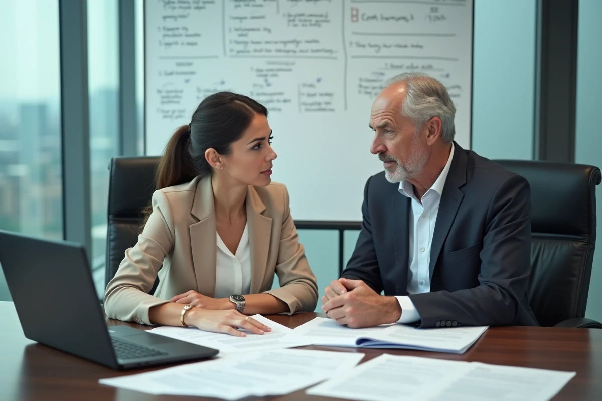 Deux professionnels de l'assurance collaborant sur des dossiers clients via l'extranet AXA Courtage en salle de réunion