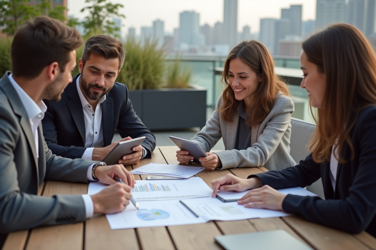 Groupe de professionnels collaborant en extérieur