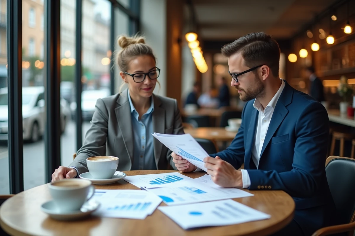 Deux collègues analysant des rapports financiers et des graphiques de diversification de revenus dans un café urbain moderne