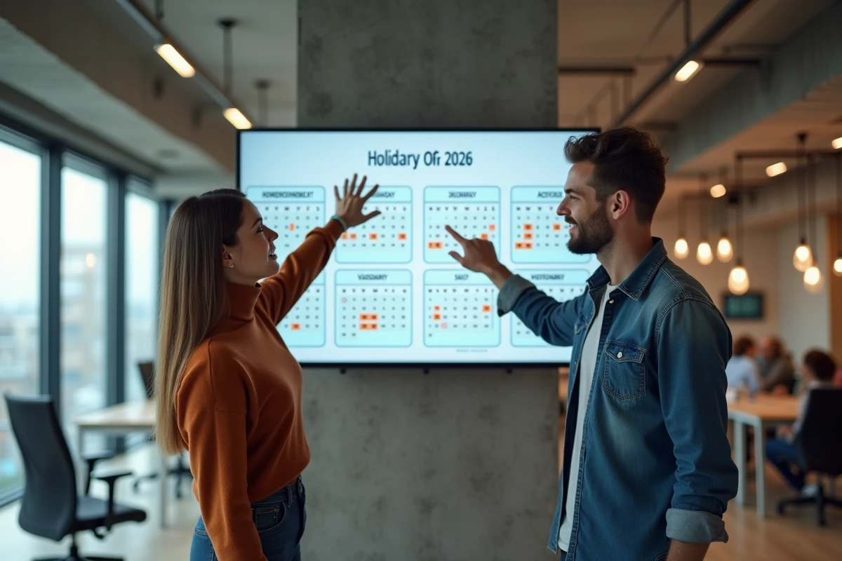 Deux collègues debout devant un écran affichant le calendrier 2026 avec jours fériés et vacances surlignés pour organiser les jours travaillés